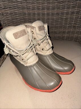 Sperry Saltwater Women's Olive Duck Boots with Coral Trim